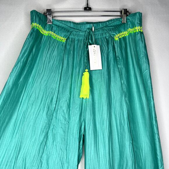 Trina Turk Cascais Wave Split Leg Pants Size Large in Aqua Neon Lime Green - Picture 4 of 12